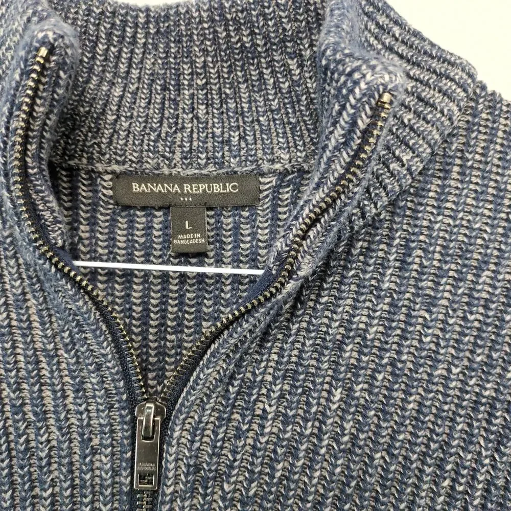 Banana‎ Republic Full Zip Knit Navy Sweater Men's L Mock Neck Herringbone Casual